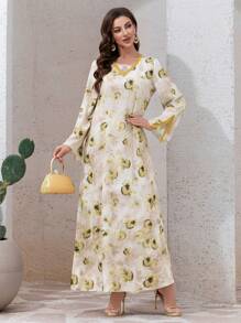 Al Najma 女士优雅派对拼布花卉丝带宽松长款开衫，朴素的卡夫坦