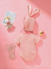 SHEIN 3pcs Newborn Cute Rabbit Ear Hat, Romper & Socks Set, Soft Knit Fabric, Suitable For 0-9 Months, Spring/Summer, Daily Wear, Easter, Birthday Photo Shoot, Outdoor Activities - Pink - View 3