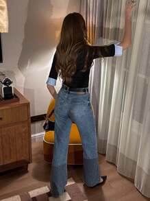 Pariaura 女式拼贴风格 Polo 领拼接短袖 T 恤，修身套头衫，春夏