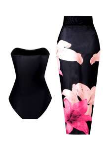 SHEIN Swim Curve Conjunto de traje de baño de una pieza estampado talla grande + falda tipo cover-up para el verano