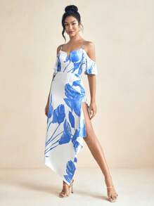 Eva Novielli Vestido largo con escote en V, hombros caídos y abertura, de satén con estampado de verano en azul y blanco, elegante vestido primavera-verano para vacaciones, fiestas, bodas y graduaciones - Azul - Ver 5