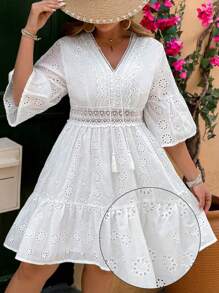 SHEIN VCAY Plus Size Romantic Island V-Neck White Embroidered Fabric Waist Splice Lace Trim A-Line Short Dress Spring Outfits For Women,Summer Outfits For Women,Beach Outfits For Woman,Brunch Outfits For Women, Airport Outfit For Women,Sundress,Vacation Dress,Graduation Dress