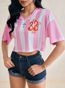 DAYDREAMS AND ICE CREAMS Designer Pink And White Mesh Vertical Stripes Printed Dropped Shoulder Short-Sleeve Cropped Top Sports Casual Blokette T-Shirts Women Spring Summer Top Crop Tops Summer Y2k Graphic Tees Rave Top - Multicolor - View 3