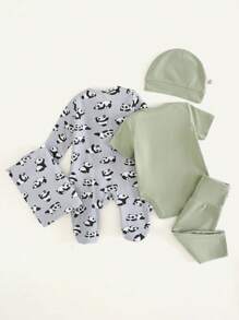 Cozy Pixies 5件套新生儿男女宝宝针织柔软圆领长袖连体衣、连体衣、松紧腰长裤、襁褓毯、帽子 - 彩色 - 查看 3