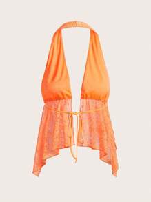 SHEIN ICON 女士 Y2k 性感 90 年代服饰节酒红色嬉皮蕾丝露背挂脖休闲上衣，日常穿着 - 橘色 - 查看 2