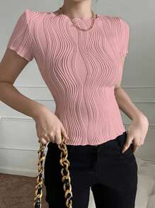 INAWLY Women's Solid Color Textured Round Neck Short Sleeve Casual Fitted T-Shirt