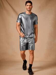 Manfinity VCAY Men's Knitted Casual Daily Loose Solid Color Short Sleeve T-Shirt And Drawstring Waist Straight Leg Shorts 2 Pieces Set