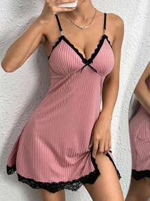 SHEIN Camisón sexy de mujer con abertura lateral y encaje en contraste
