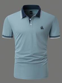 Manfinity Homme 大码男式夏季休闲撞色边饰短袖 Polo 衫 - 霧霾藍 - 查看 4