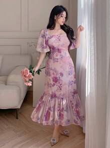 DAZY 情人节雪纺印花方领荷叶边中长连衣裙，女士碎花吊带裙，返校季服装，度假装扮 - 淡紫色 - 查看 4