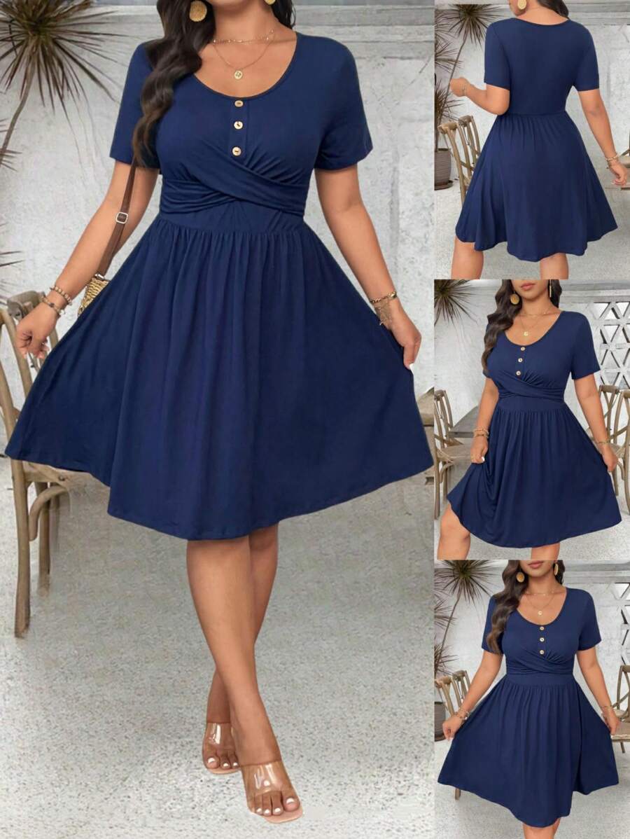 Celure Plus Size Women Solid Color Deep V-Neck Handmade Button Twist Ruched Short Sleeve Casual Midi Dress - Navy Blue - View 1