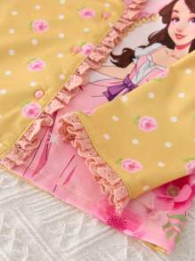SHEIN 2 Pcs Kid Girls Floral & Cartoon Princess Pattern Lapel Button Down Long Sleeve Loose Pajama Set - Yellow - View 3
