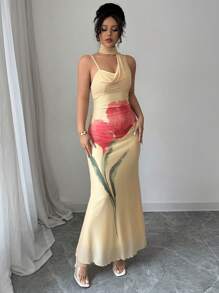 Selianne Vestido sin mangas con estampado floral y parches de malla, incluye bufanda - Amarillo - Ver 5
