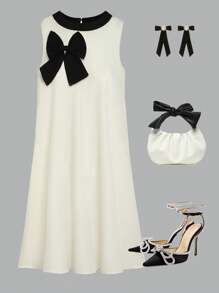 SHEIN Explorewe Teen Girl Sleeveless Solid Color Dress With 3D Bow Decor, Casual Ladylike Style, Comfortable For Daily, Summer, And Elegant For Weddings & Wedding Guests - Apricot - View 2