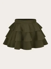 SHEIN EZwear Plus Size Women Military Green Ruffle Hem Short Skirt - Army Green - View 7