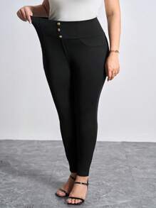 Chikora Pantalones largos de cintura alta de talla grande y ajuste delgado en unicolor para vacaciones y tiempo libre