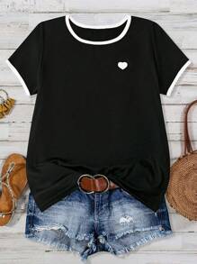 SHEIN LUNE Áo thun thêu hình trái tim cỡ lớn cho nữ thường ngày/đi làm - Đen và trắng - Xem 1