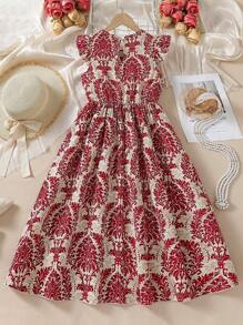 Tween Girl Floral Print Pattern Cap Sleeve Waist Gathered Long Dress