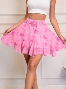 SHEIN VCAY 女士粉色雪纺碎花褶皱 A 字裙，春夏 - 粉色 - 查看 1