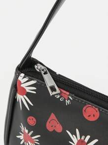 SmileyWorld® | SHEIN Fashion Heart & Smile Face Portable Handbag - Black - View 6