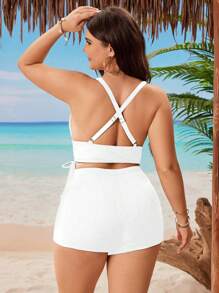 Swim Lushoire Plus Size Women Plain Color Side Tie Casual Bikini Set For Summer Beach Vacation