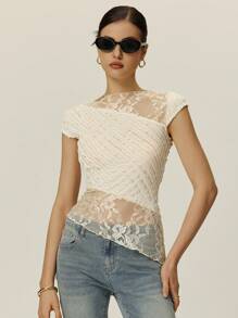 Poéselle Elegant Sheer Lace Overlay T-Shirt With Ruffled Detail - Perfect For Romantic Summer Outfits,Women's Lace T-Shirt, Ruffled Blouses, Casual Chic Fashion, Summer Elegant Styles, Sheer Layered Fashion - Apricot - View 5