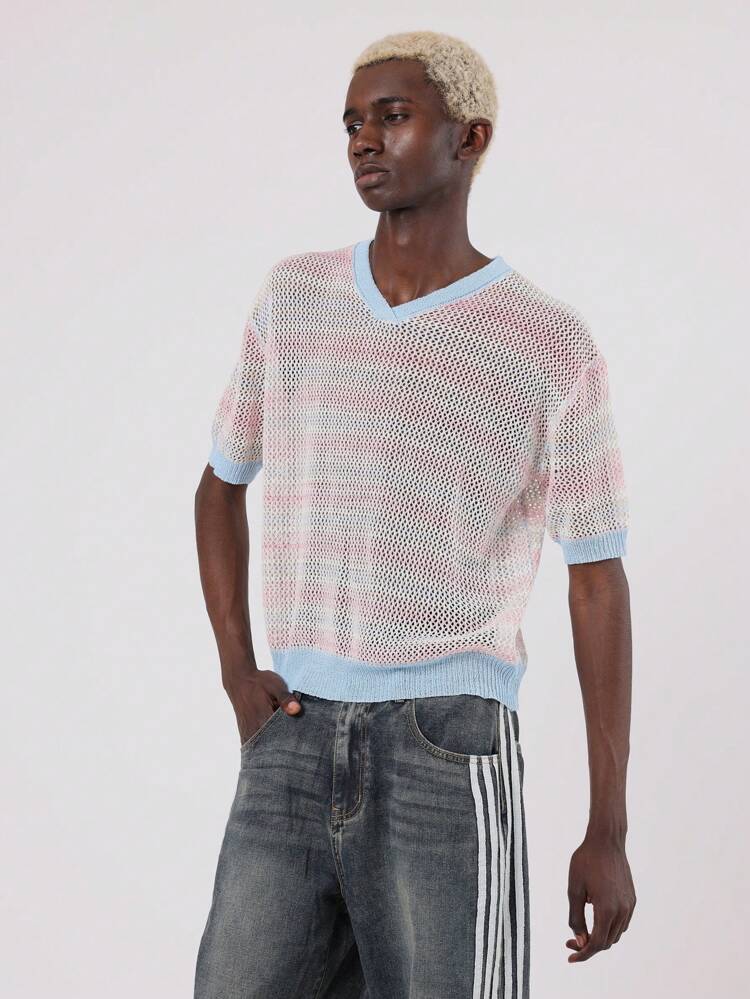 Pull léger à manches courtes en maille ajourée avec numéro universitaire