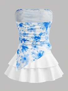 SHEIN 2pcs Set Teen Girls Blue & White Floral Print Crop Top With Ruched Asymmetrical Hem Layered Skirt Holiday Outfits