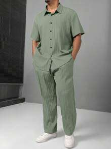 Manfinity Homme Plus Size Men's Casual Solid Color Shirt And Pants Set, Versatile - Mint Green - View 4