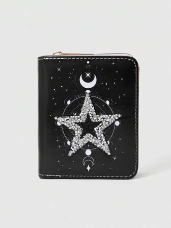 Fairycore Punk Creative Moon & Rhinestone Star Pattern Multi-Function Zipper Card Holder, Bifold Wallet, Coin Purse