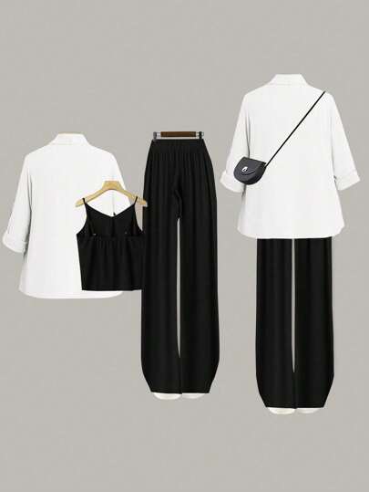 SHEIN LUNE 2pcs Plus Size Women's Solid Woven Cardigan + Camisole + Casual Wide Leg Pants Set