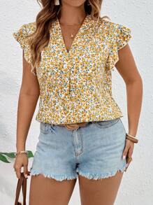 SHEIN Clasi Camicia da donna con maniche a farfalla, motivo floreale ditsy giallo, taglie forti, bluse da donna, capi da donna, abbigliamento estivo da donna, camicie da donna, stile boho, bohémien, abbigliamento estivo da donna, outfit vacanza da donna - Giallo - Visualizzare 5