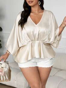 Celure 大码女式法式中长款 V 领蝙蝠袖 3/4 袖纯色褶腰衬衫