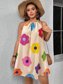 SHEIN VCAY Plus Size Vacation Romantic Colorful Floral Print Off-Shoulder Short Dress.Valentine,Flower - Apricot - View 5