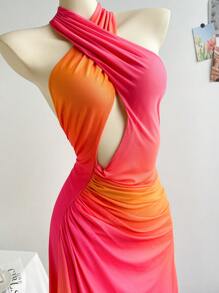 Soleia 浪漫镂空中长款挂脖式度假连衣裙 - 粉色 - 查看 5