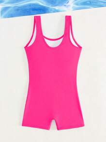SHEIN Tween Girls One-Pieces - Basic & Minimalist One-Piece Swimsuit. Features Multi-Color Floral And Leaf Digital Print, Soft Knitted Fabric, And A Classic Boyleg Cut. A Stylish, Casual, And Elegantly Simple Design. Perfect For Swimming, Summer Vacations, Beach Trips, Pool Parties, And Holiday Leisure. - Hot Pink - View 2