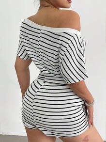 Sunspun Bộ đồ crop top hở vai gợi cảm có tay dài và quần short rút dây thường ngày - Nhiều màu - Xem 2