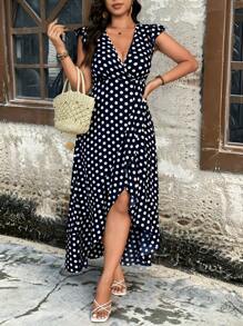 Breezaya Plus Size Women Polka Dot Print Ruffle Hem Split Midi Dress - Navy Blue - View 7