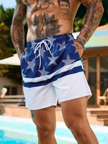 Surfspeed Men's Contrast Striped & Star Print Drawstring Waist Beach Shorts - Blue and White - View 6