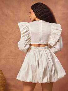 Vixey فستان قصير بأكمام طويلة ذات كشكشة وذيل منتفخ، صيفي لأوقات العطلات، فستان أبيض - بيج - مشاهدة 3