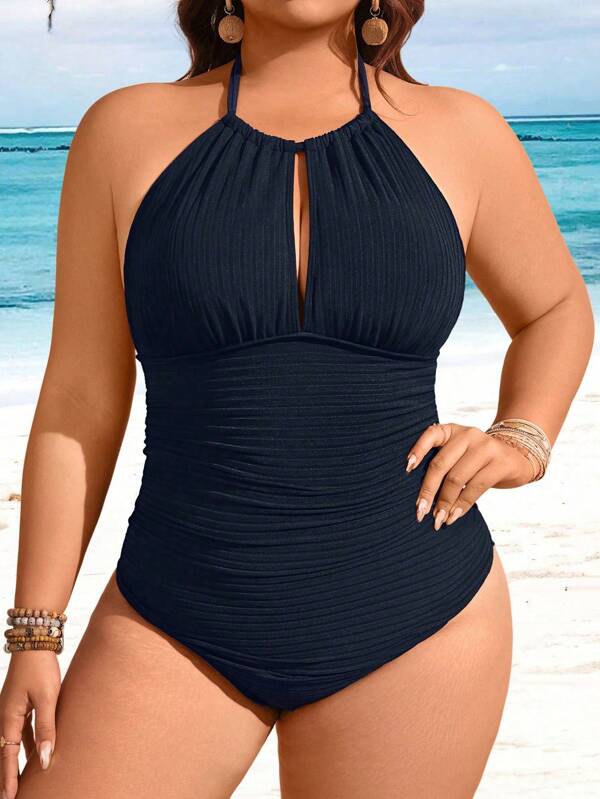SHEIN Swim Lushore Plus Size Solid Color Ruched Backless Halter One-Piece Swimwear For Vacation & Beach