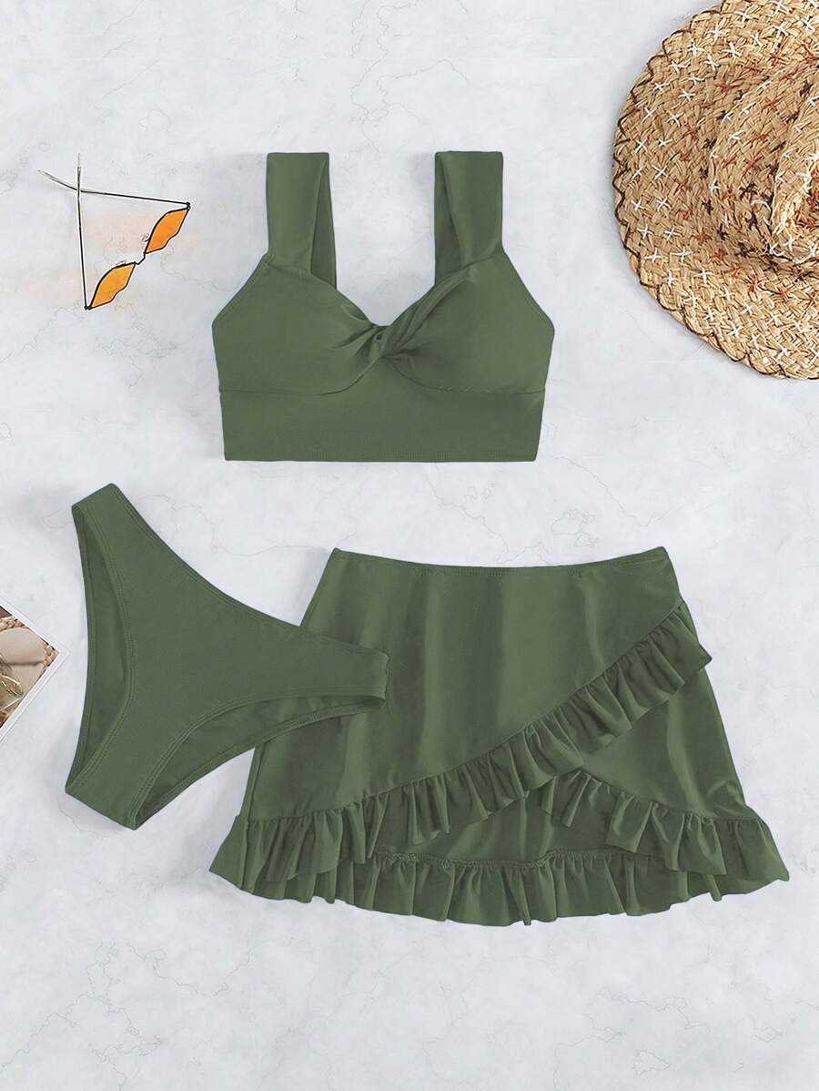 SHEIN Swim Conjunto de bikini de playa de verano para mujer con falda pareo, unicolor con diseño trenzado - Verde militar - Ver 1