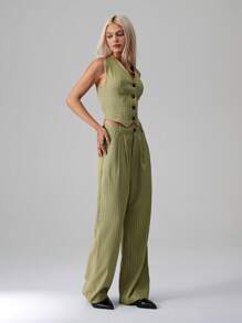 TRNVIE Striped Single Breasted Fitted Suit Vest And Suit Pants Set - Green - View 5