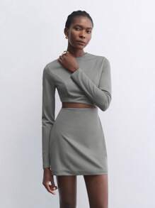 Maija Vestido corto de mujer de manga larga, cuello redondo, con diseño calado, ajustado, elegante y versátil para fiesta de vacaciones y primavera