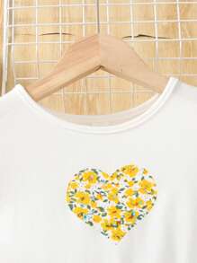 SHEIN Leap Crew Tween Girl Heart & Floral Print 2 In 1 Patchwork Casual Holiday Short Sleeve Dress - Yellow - View 4