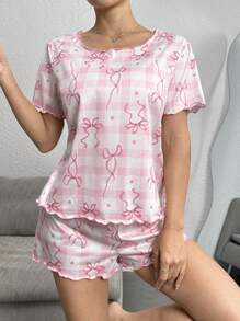 SHEIN Bow Frame Quilted Hem Casual Women Pajama Set Women Pj Set Short - Pink - View 5