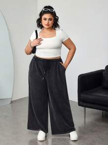 SHEIN CURVE+ Pantalones anchos de punto de tiro alto de color negro de talla grande para mujer para uso casual y al aire libre, pantalones anchos de tela fresca - Negro - Ver 4