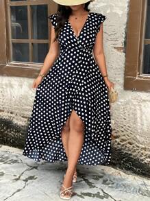 Breezaya Plus Size Women Polka Dot Print Ruffle Hem Split Midi Dress - Navy Blue - View 6