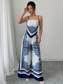 Elenzga 女士度假套装，蓝色扎染波西米亚风不对称吊带背心和宽松阔腿裤 - 藍色 - 查看 6