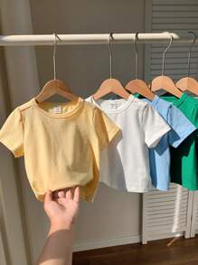 SHEIN 5pcs/Pack Summer Cute Solid Color All-Match Knit Short Sleeve T-Shirt Pack For Babies & Toddlers, Versatile